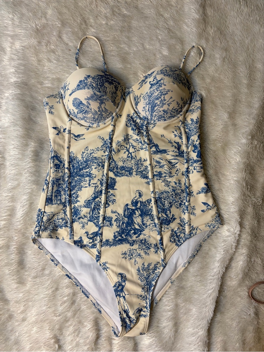 Classic Toile Print One-Piece Swimsuit in Cream and Blue